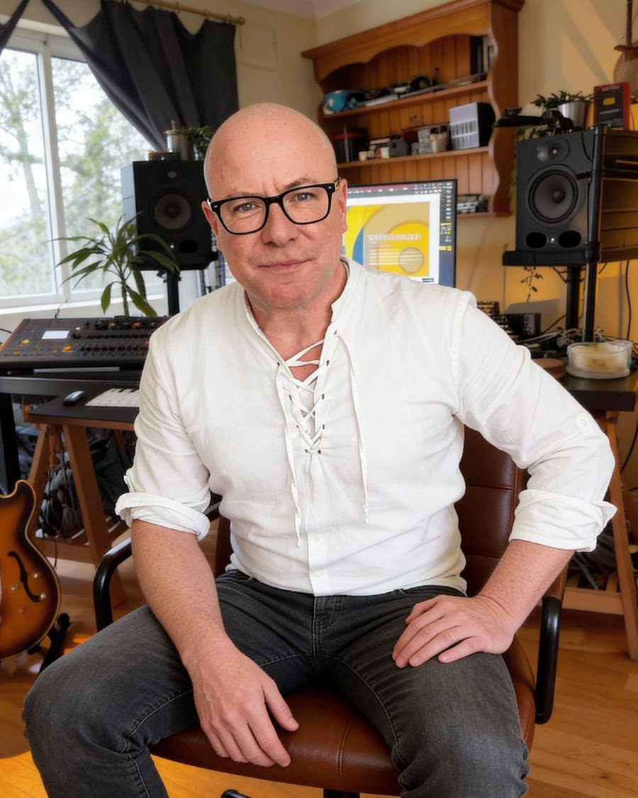 Ken McHugh in his studio, with speakers, a synth and a guitar