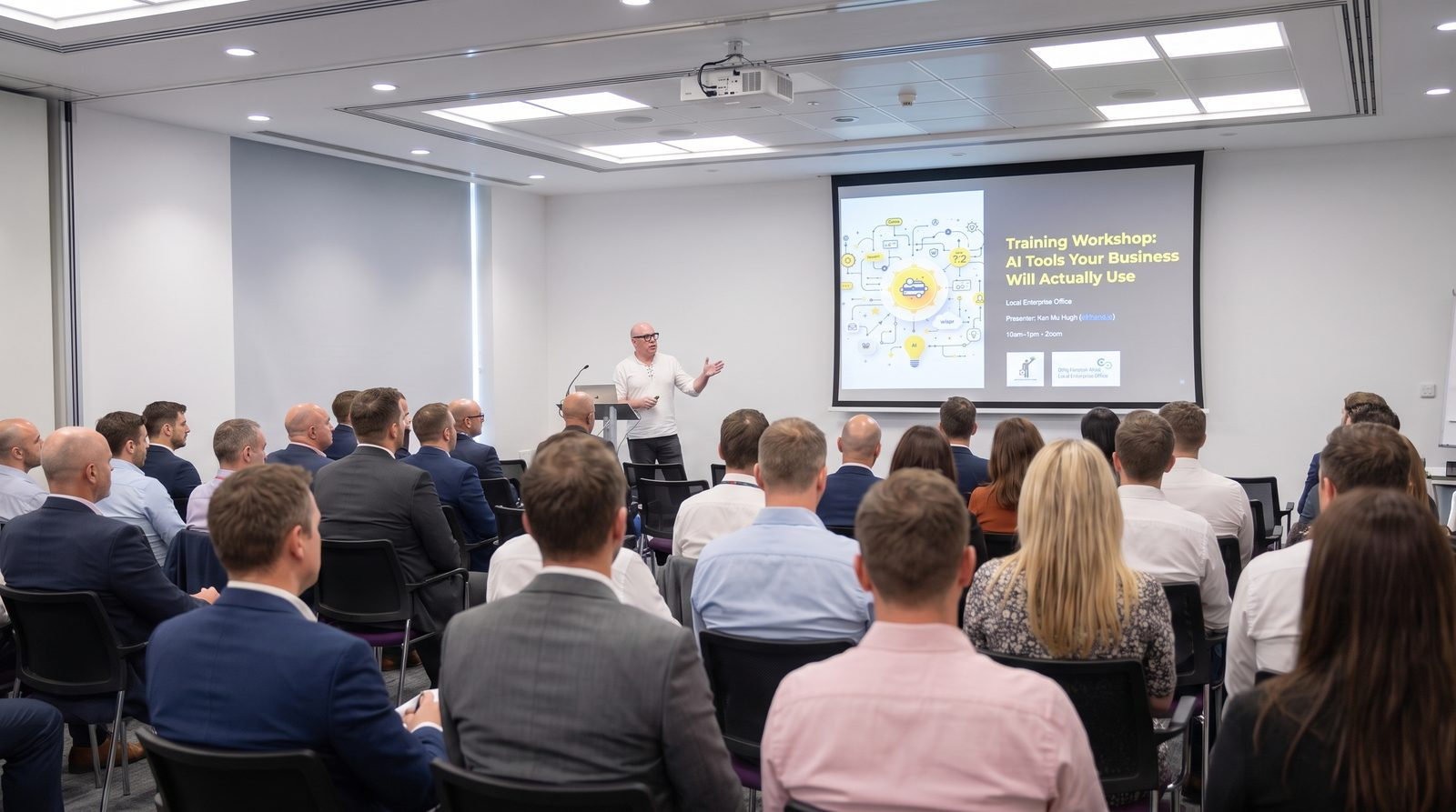 Ken presenting the AI Tools workshop to a full room at a Local Enterprise Office